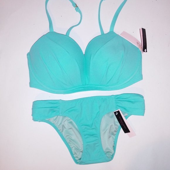 Victoria Secret Swim Bikini 32DD Top XS Bottom Aqua Seafoam Glow Push Up Halter - Picture 3 of 8